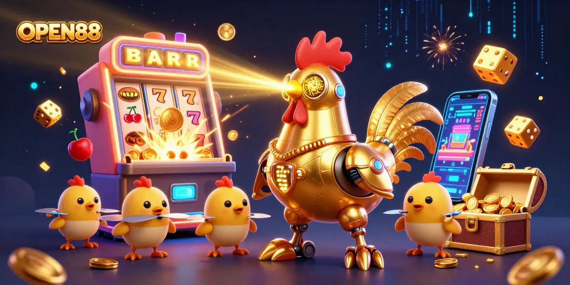 Engage in vibrant slot gaming at OPEN88 with a dynamic scene showcasing a golden rooster robot amidst a jackpot explosion.