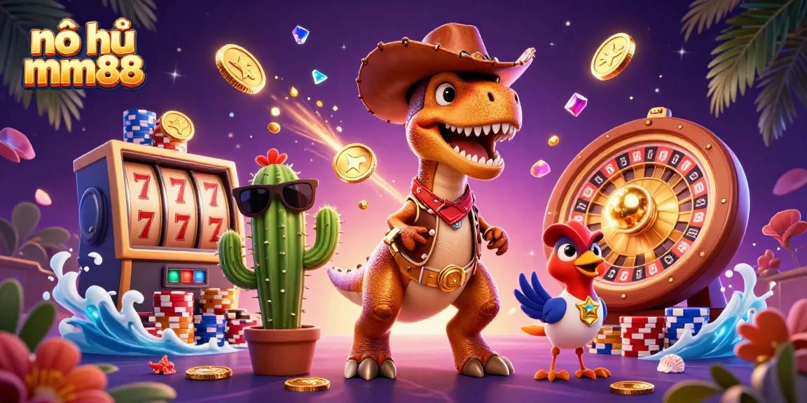 Experience the thrill of nổ hũ mm88 with a T-Rex, cactus sidekick, and roadrunner in this vibrant casino scene.