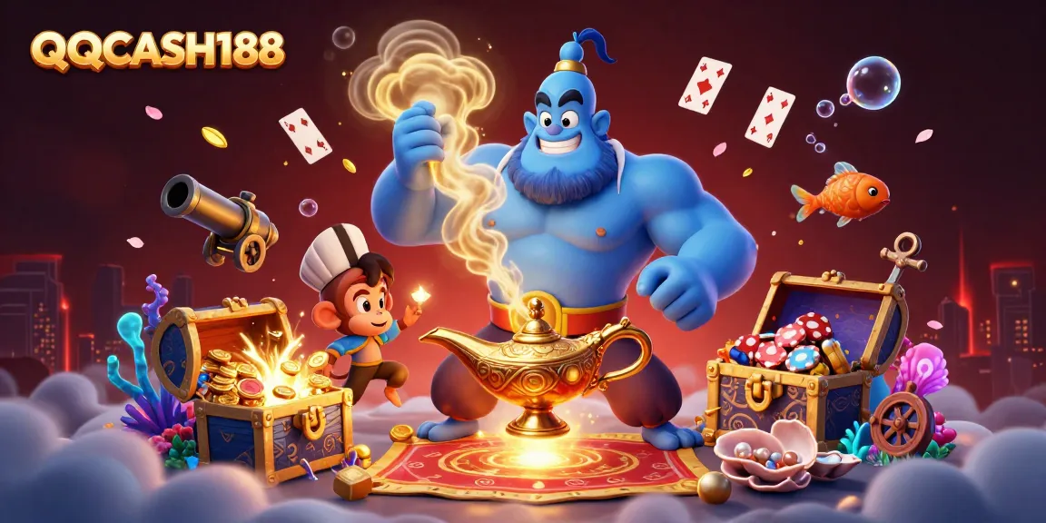 Experience the magic of QQCASH188 with a vibrant 3D illustration featuring a genie, treasures, and poker chips.