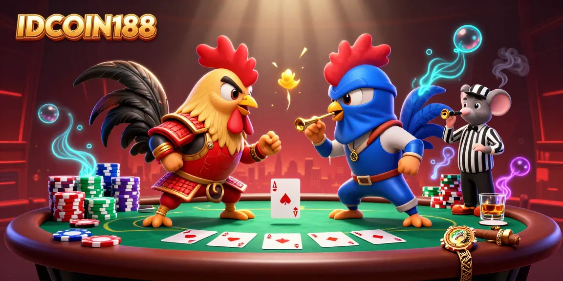 IDCOIN188 showcases a thrilling rooster duel with vibrant casino elements and dynamic energy.