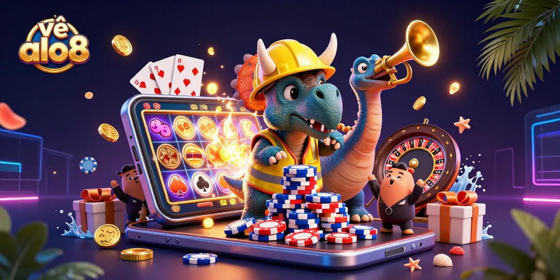 Engaging celebration of "về alo8" with a triceratops building poker chip pyramid in a lively casino scene.