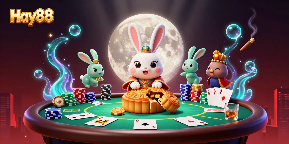 Experience thrilling casino excitement at Hay88 with an enchanting moon rabbit illustration featuring poker elements.