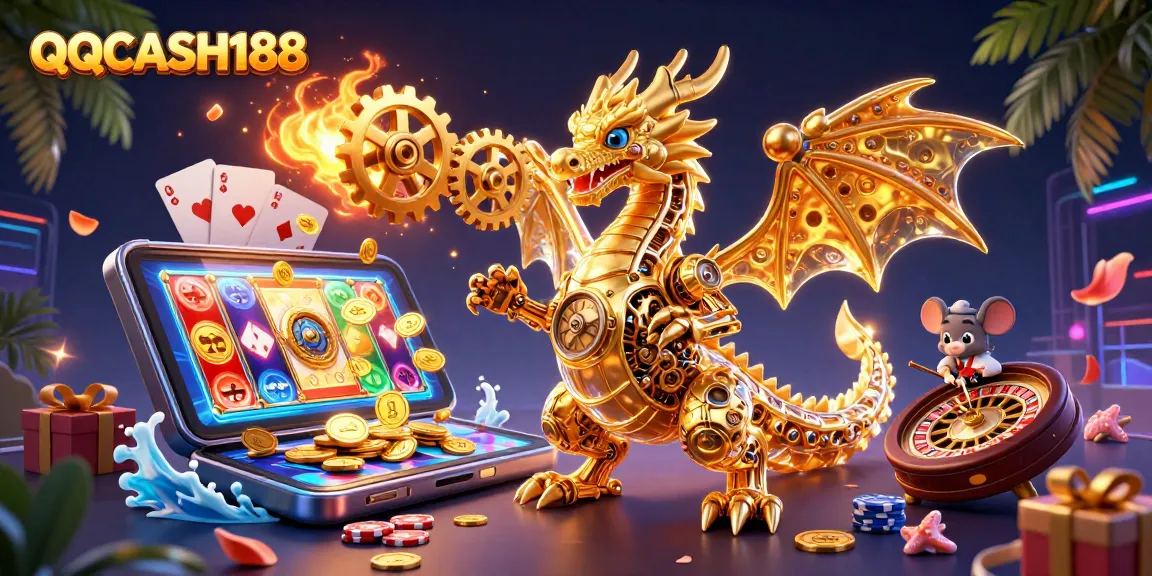 Experience thrilling gameplay at QQCASH188 with a dynamic 3D dragon and casino elements.