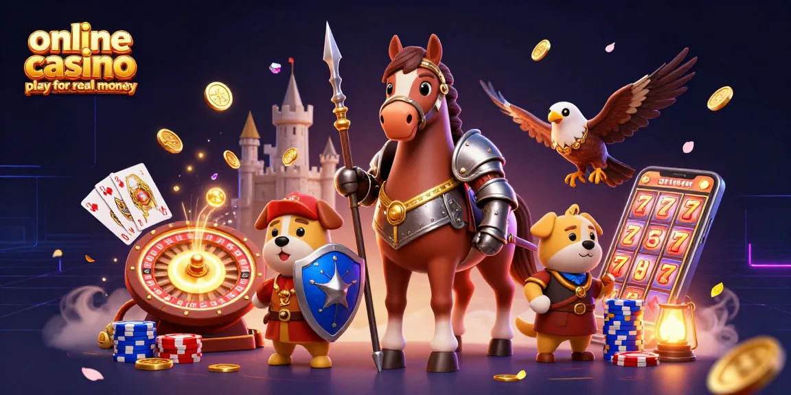 Engage in online casino play for real money with a dynamic scene of knights, coins, and games.