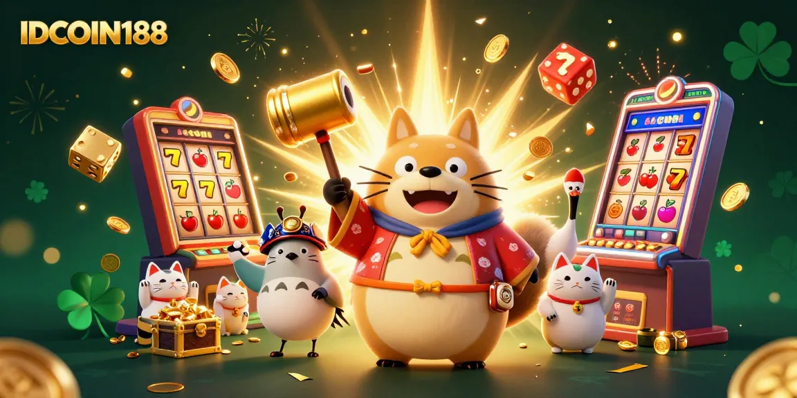 Experience the excitement of IDCOIN188 with a joyful tanuki and lucky symbols in a vibrant casino illustration.