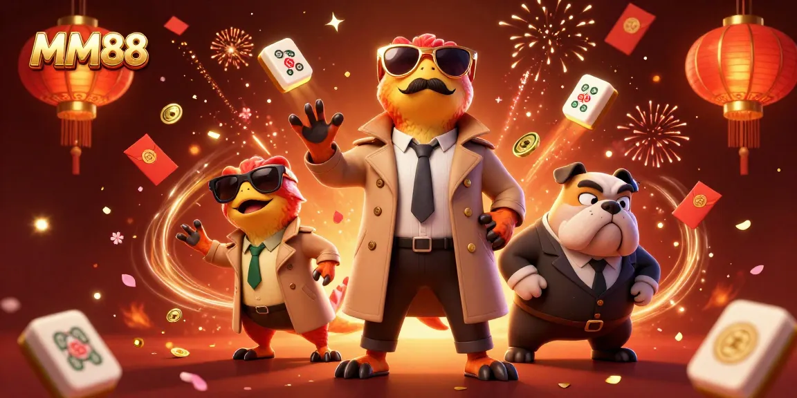MM88 showcases vibrant casino fun with cartoon raptors in trench coats entering a VIP lounge.