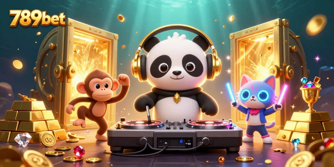 Experience excitement with 789bet as DJ panda and friends groove amidst casino treasures.