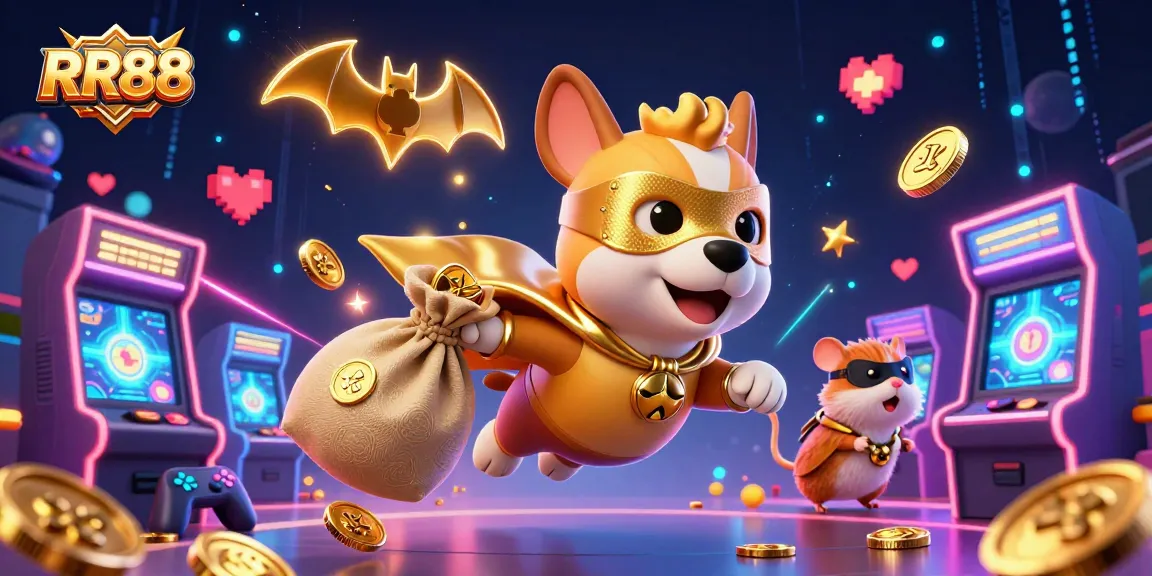 RR88 showcases an exciting casino-themed adventure with a superhero dog and hamster amidst vibrant gaming elements.