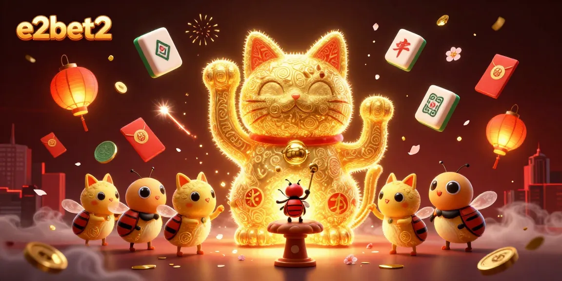 Experience the vibrant e2bet2 casino with a lively lucky cat and dynamic casino symbols in a festive atmosphere.