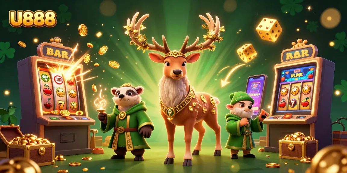 Experience the thrilling U888 gaming world with vibrant characters and exciting casino elements in a dynamic scene.