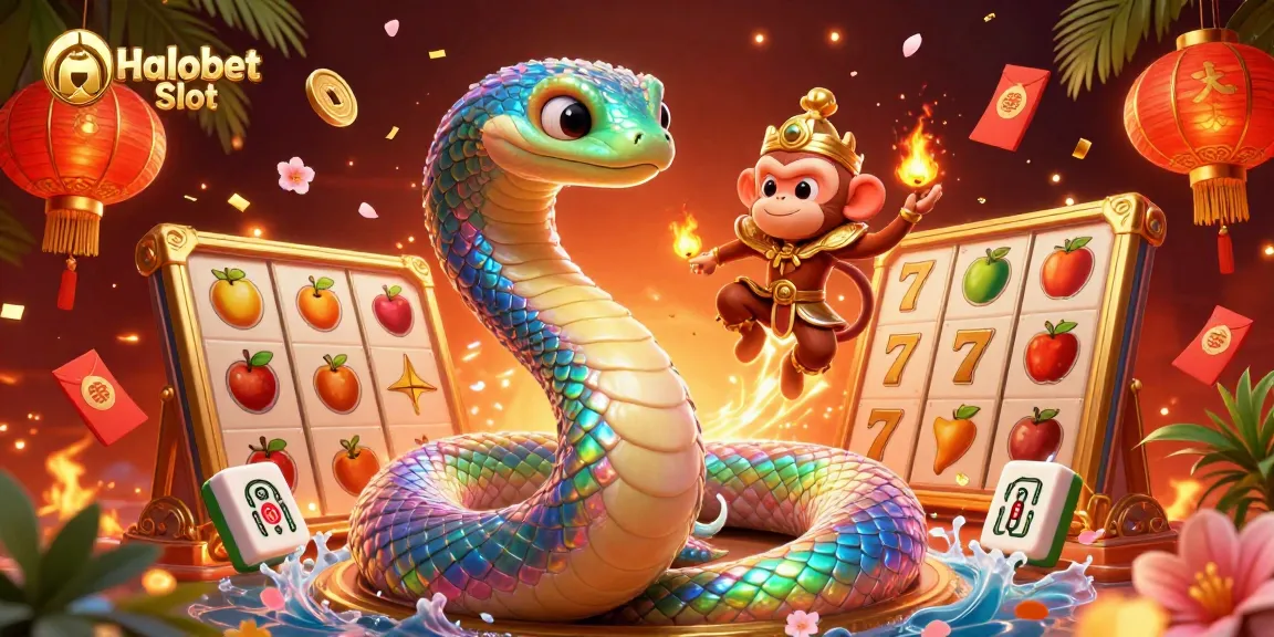 Engage in thrilling adventures with Halobet Slot featuring a dazzling rainbow serpent and monkey king amidst vibrant casino elements.