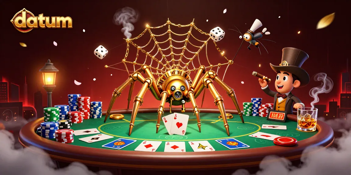 Experience the exciting world of gambling with datum, featuring a steampunk spider and poker elements.