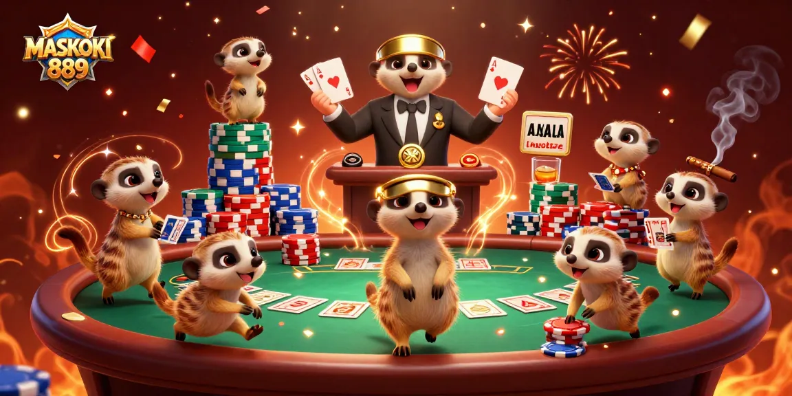 Experience the excitement of betting big at MASKOKI889 with vibrant casino action and playful meerkat characters.