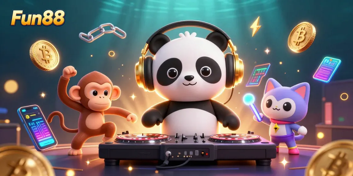 Engage with Fun88's vibrant 3D casino scene featuring a DJ panda, breakdancing monkey, and neon cryptocurrency elements.