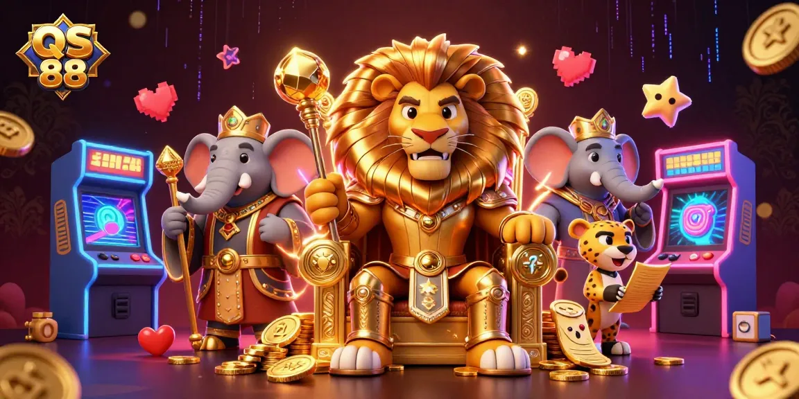 Experience thrilling gameplay at QS 88 with the vibrant casino-themed 3D illustration showcasing gaming excitement and royal elements.