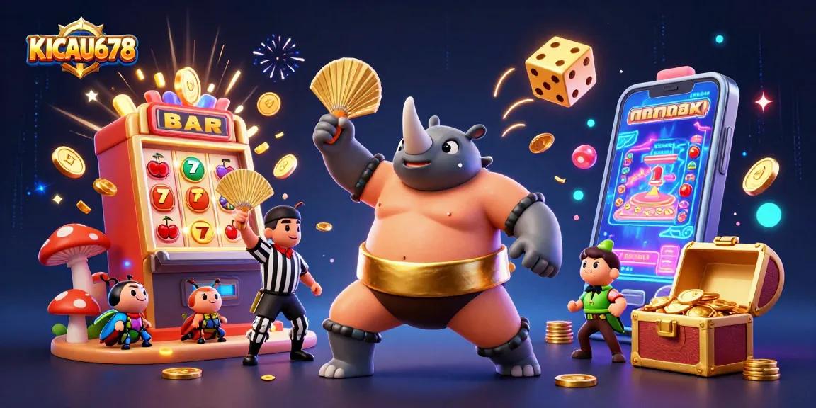 KICAU678 showcases a vibrant 3D scene with a sumo beetle champion and exploding slot machine symbols.
