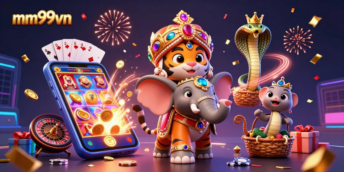 Engage in thrilling gameplay at mm99vn with a vibrant scene of 3D casino elements and characters.