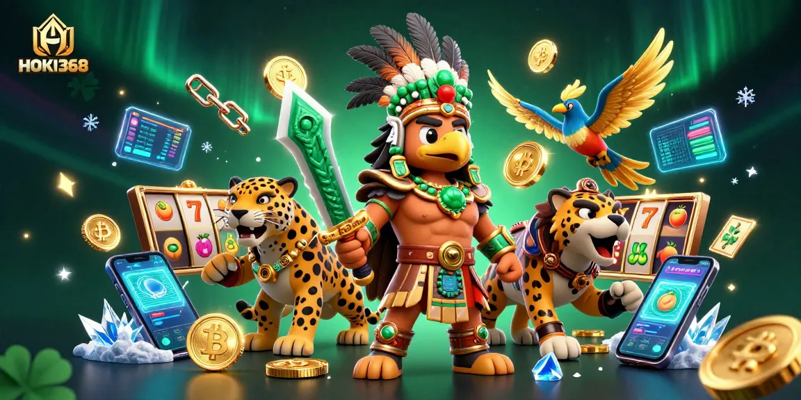 Experience winning at HOKI368 with a vibrant 3D illustration featuring Aztec themes and casino elements.