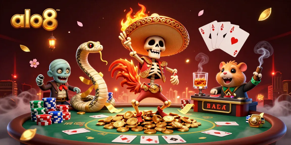 Experience the vibrant world of ALO8 as the mariachi rooster celebrates winning with poker chips.