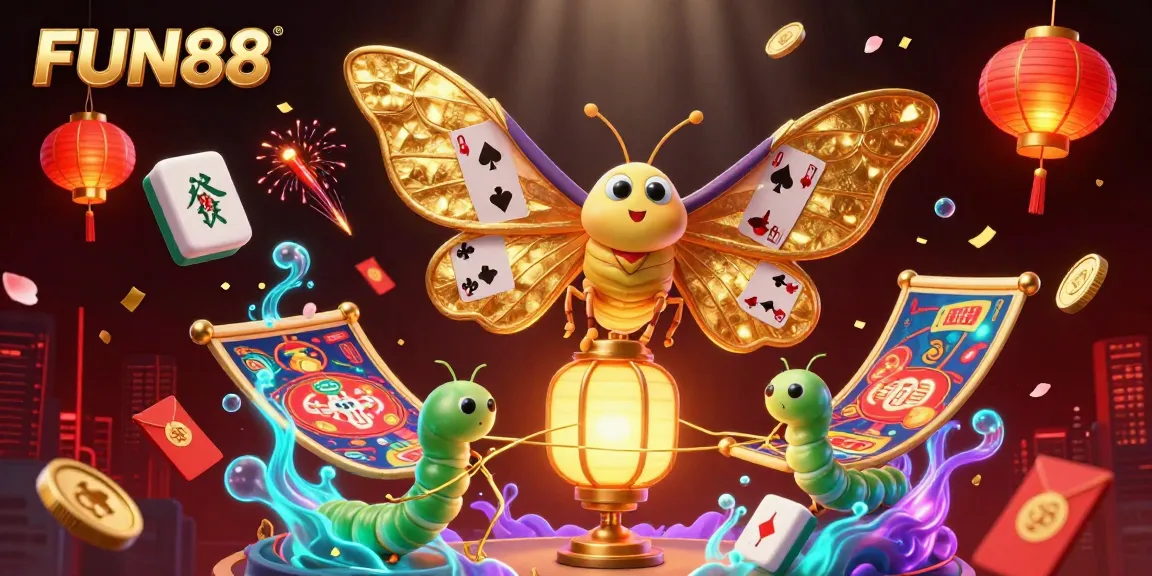 Exciting scene of FUN88 with an atlas moth and casino elements, vibrant decorations, and glowing effects.