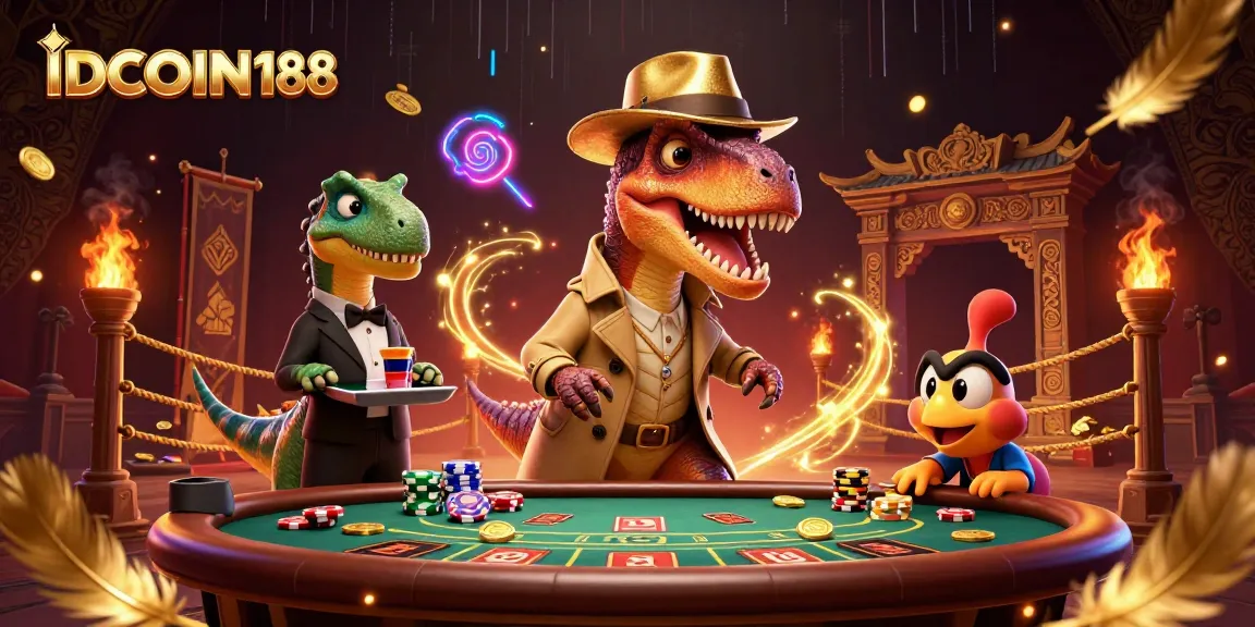 Engage with exciting IDCOIN188 blackjack action featuring three colorful dinosaur characters in a dynamic casino scene.