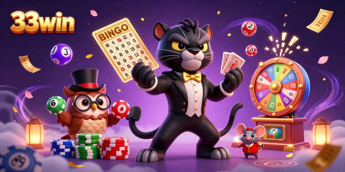 Engage with 33win's vibrant casino scene featuring a tuxedoed panther, owl, and mouse among dynamic lottery elements.