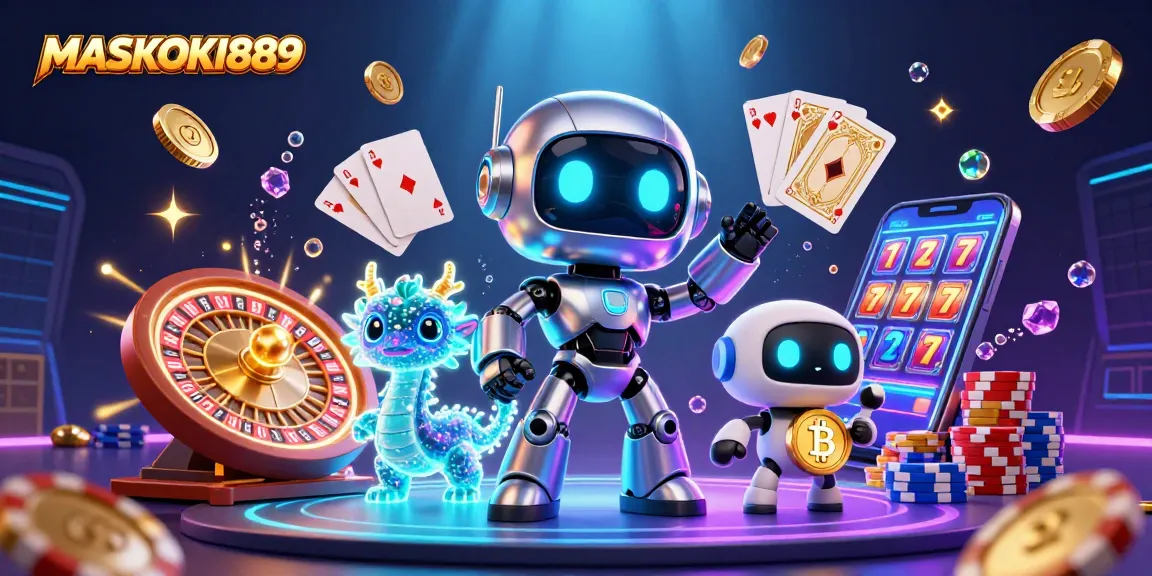 Engage in thrilling casino action at MASKOKI889 with a vibrant 3D illustration showcasing gaming excitement.