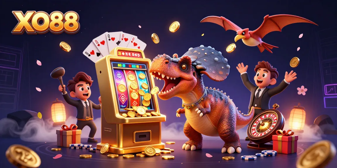 Experience thrilling jackpots at XO88 with a vibrant scene of gaming chaos and excitement.
