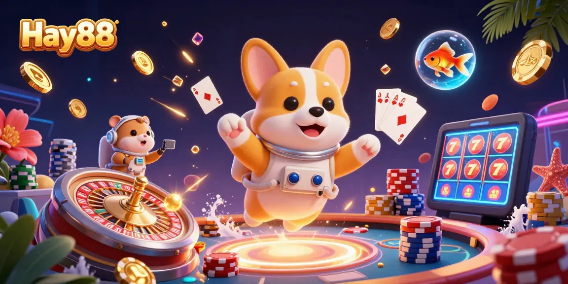 Engage in thrilling casino adventures with Hay88 featuring a 3D astronaut corgi in a cosmic setting.