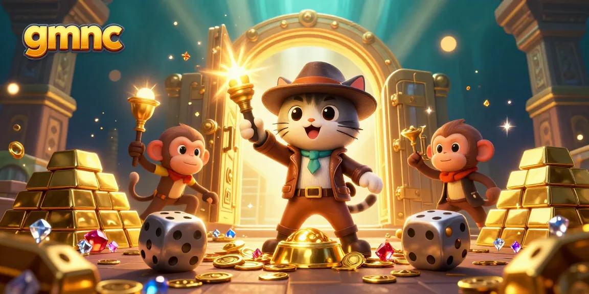 Explore gmnc's vibrant casino treasures with a cat archaeologist discovering golden artifacts.