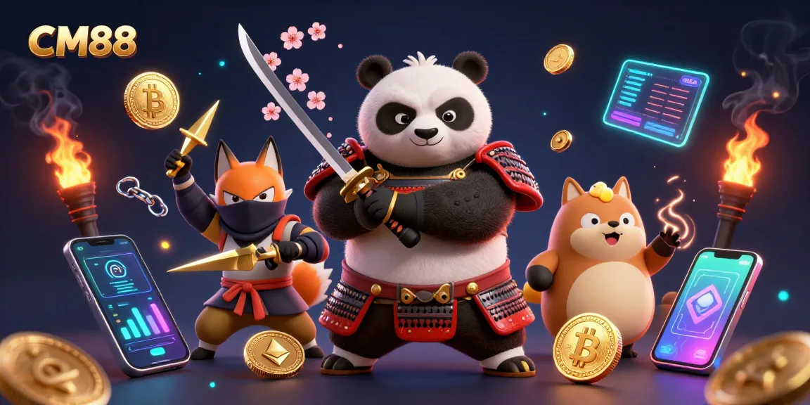 Action-packed CM88 scene with samurai panda and ninja fox, featuring glowing crypto coins.