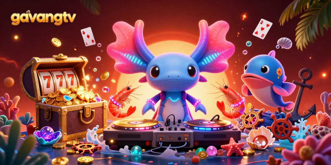 Spin to win at gavangtv with a vibrant 3D casino scene featuring a DJ axolotl!