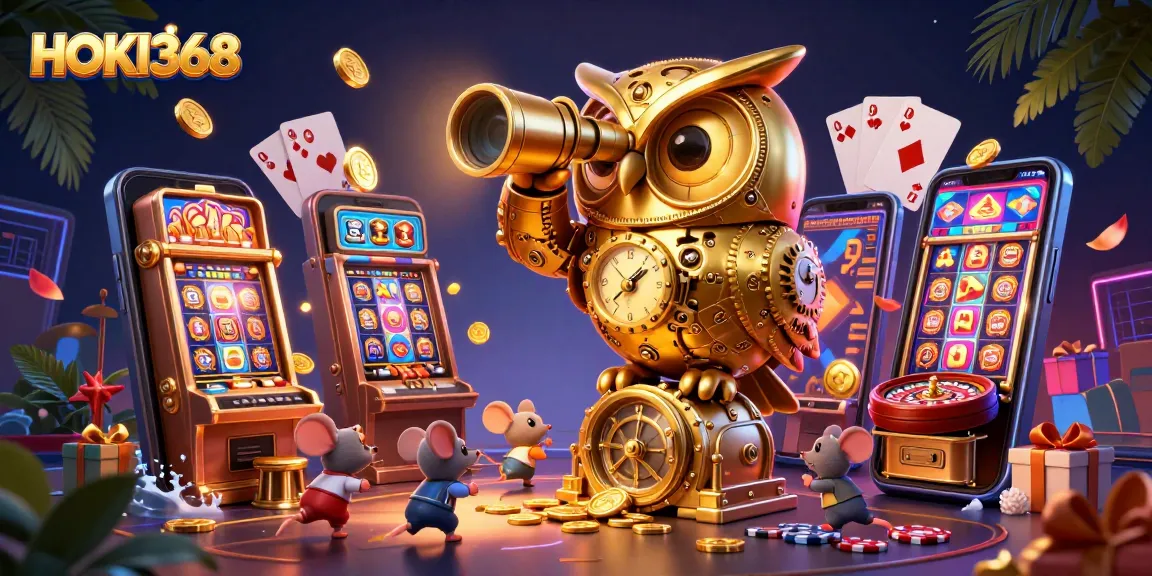HOKI368 captivates players with a vibrant casino scene showcasing intricate 3D characters and game elements.