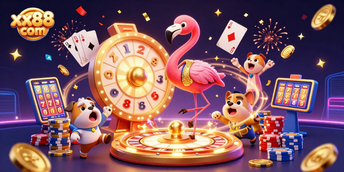 A vibrant 3D illustration showcasing xx88 com's gaming excitement with characters and casino elements.