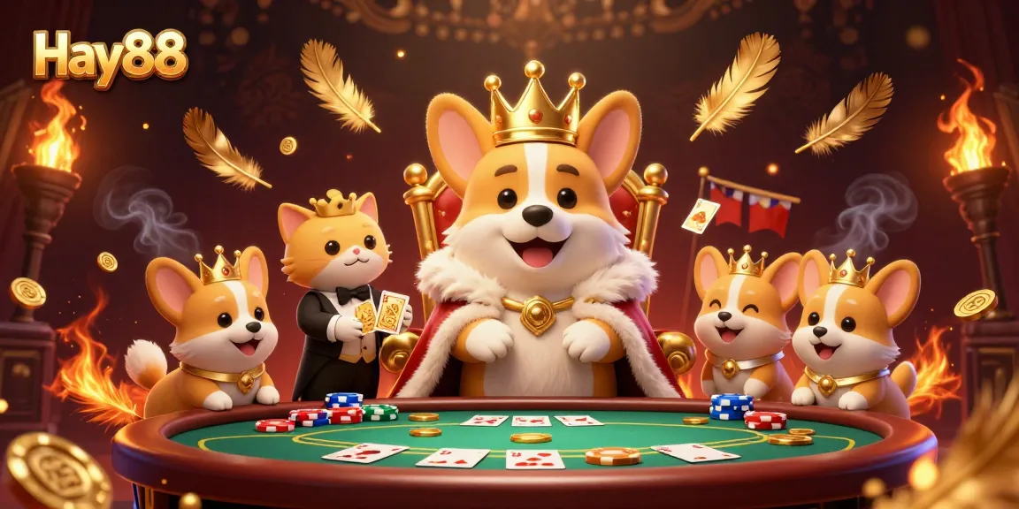 Play exciting poker with Hay88 featuring a royal corgi in a dynamic casino scene.