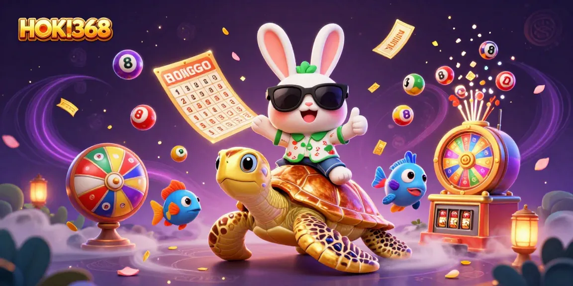 Experience the vibrant world of HOKI368 with colorful gaming elements, including lottery balls and exciting characters.