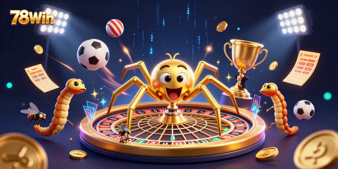 Experience thrilling bets with 78Win as a golden spider spins a roulette web under shimmering lights.