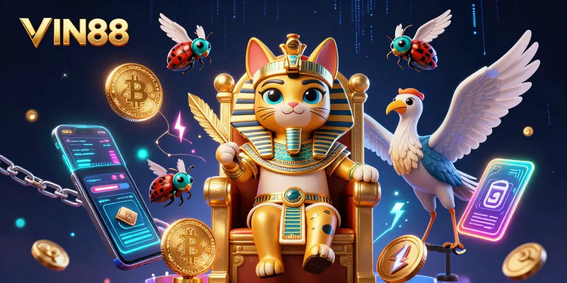 Play exciting games at VIN88 with 3D Egyptian-themed characters and crypto elements illustrated.