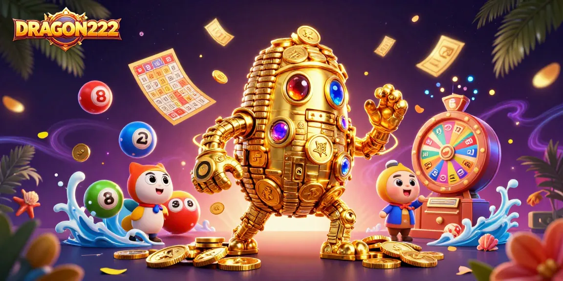 Win big with DRAGON222's dynamic gaming experience featuring golden golems and vibrant casino elements.
