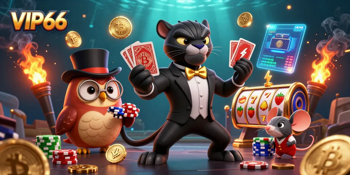 Engage with VIP66 through an exciting card game scene featuring a stylish black panther dealer, vibrant crypto elements, and dynamic casino ambience.